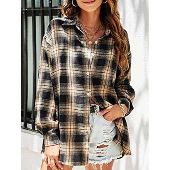 Women Flannel Buffalo Plaid Shirt Cotton Polyester Oversized Button Down - Picture 2 of 5
